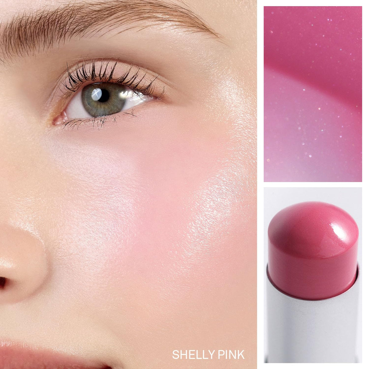 HINCE True Dimension Radiance Balm en teinte Shelly Pink, application sur la joue