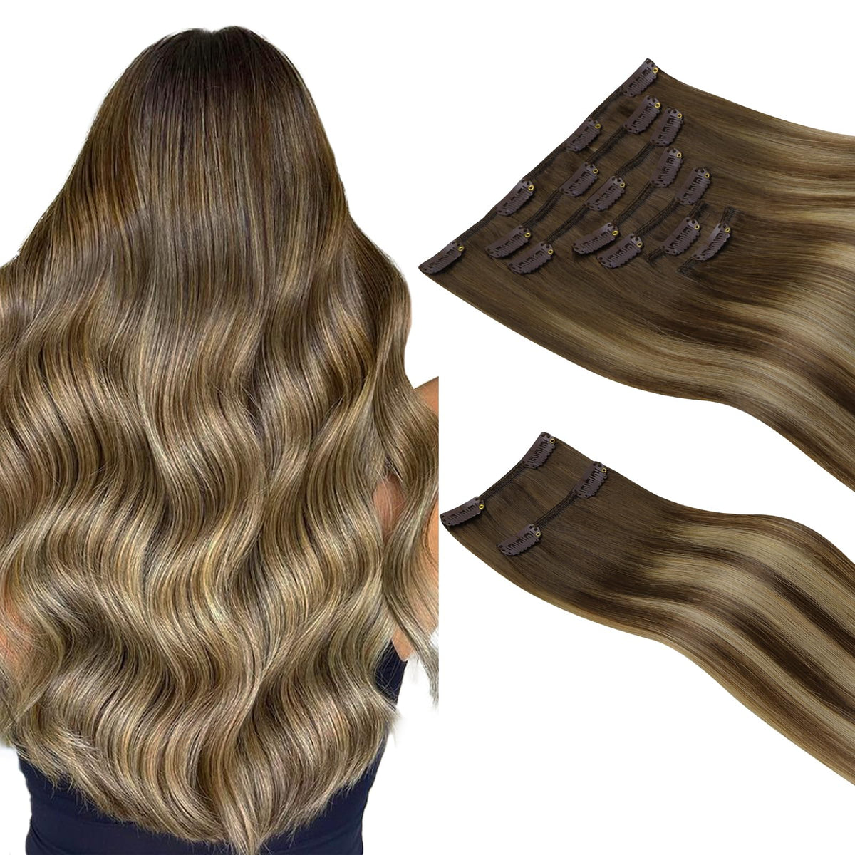 hotbanana extensions capillaires clip-in 14 pouces chocolat brun et blond miel vue de face