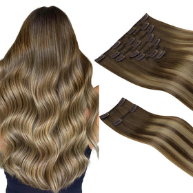 hotbanana extensions capillaires clip-in 14 pouces chocolat brun et blond miel vue de face