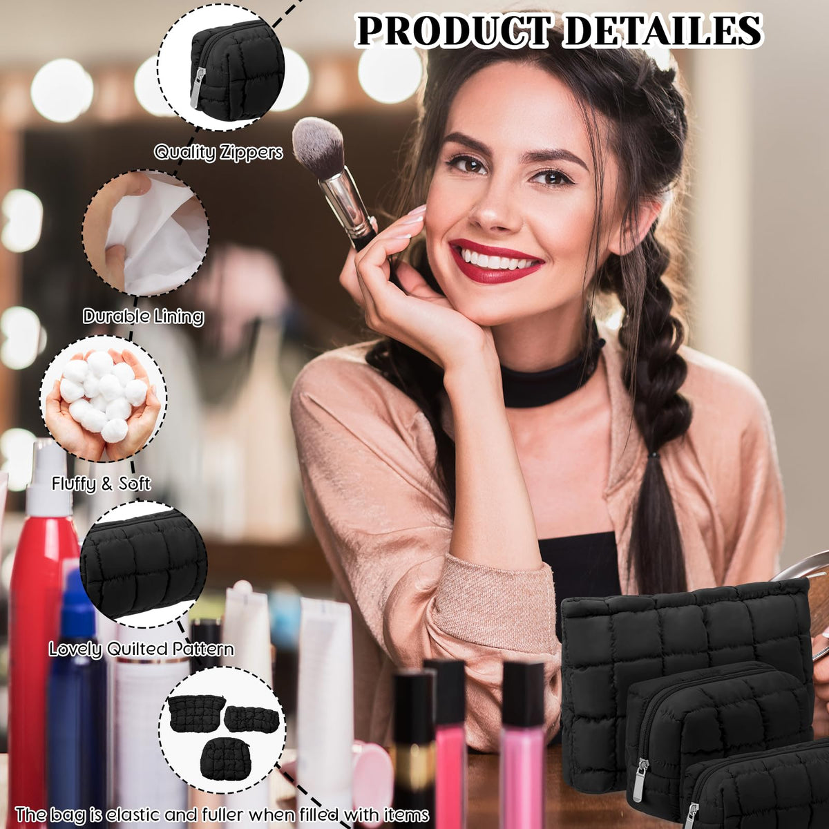 Huhumy trousse de maquillage puffer noire vue de dos