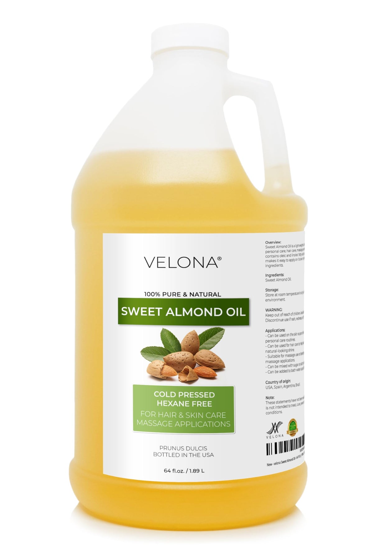 Huile d'Amande Douce velona 64 fl oz bouteille vue avant