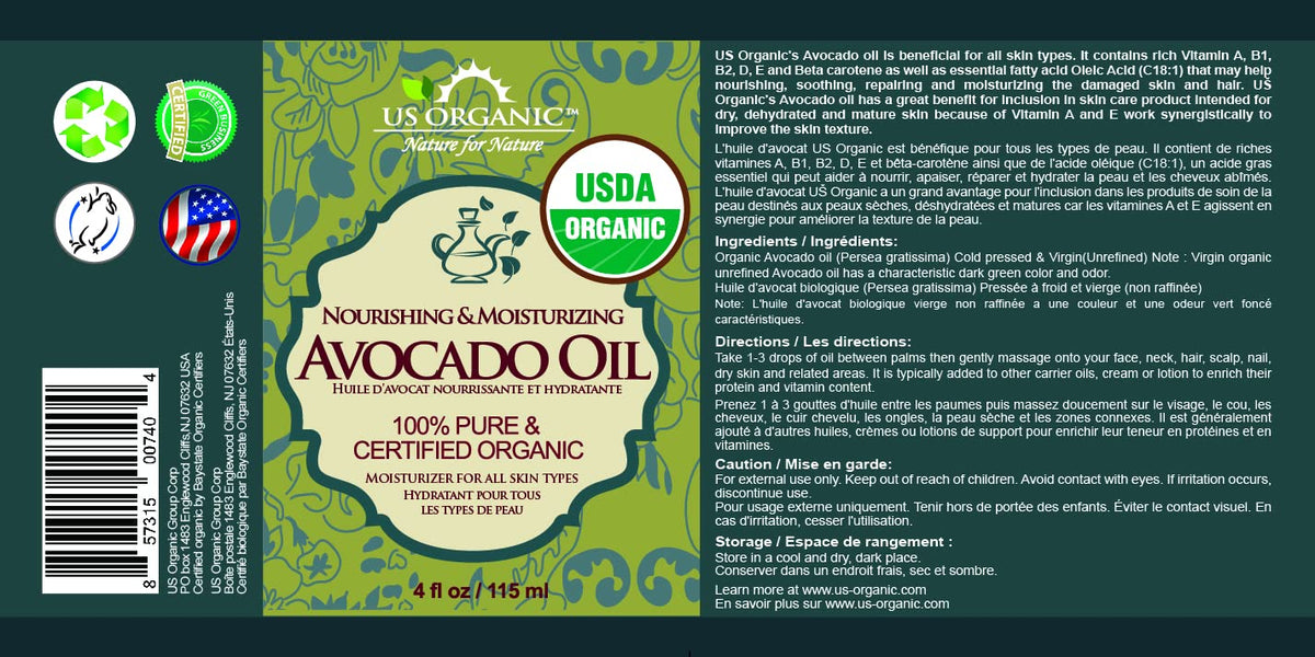 Huile d'avocat US Organic 118 ml vue de côté