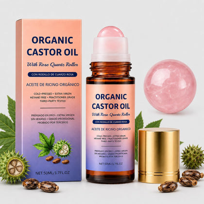 Huile de Ricin Bio Aerifia roller avec bille en quartz rose