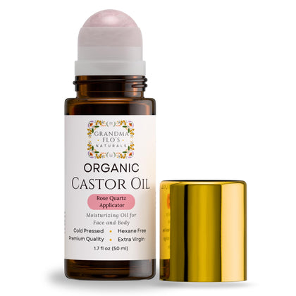 Huile de Ricin Bio Grandma Flo's Naturals 50ml avec roll-on en quartz rose