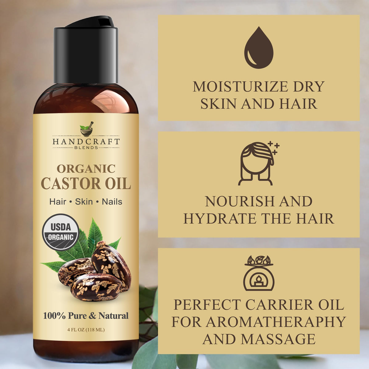 Huile de ricin bio Handcraft Blends pour cheveux et peau