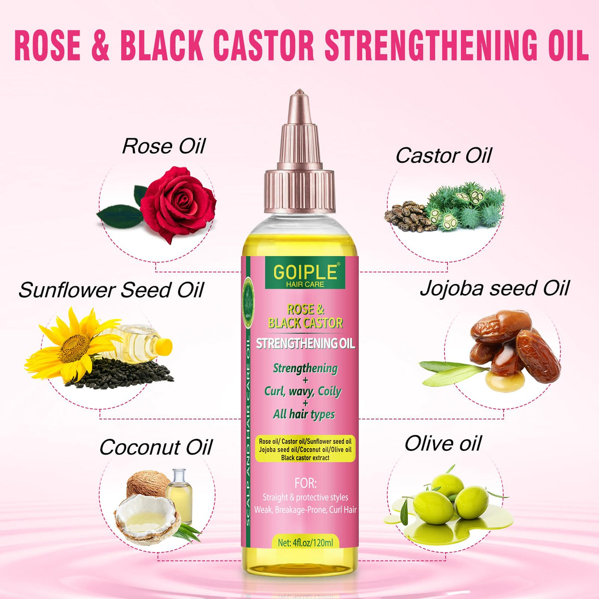 Huile de rose et de ricin Goiple pour cheveux, flacon