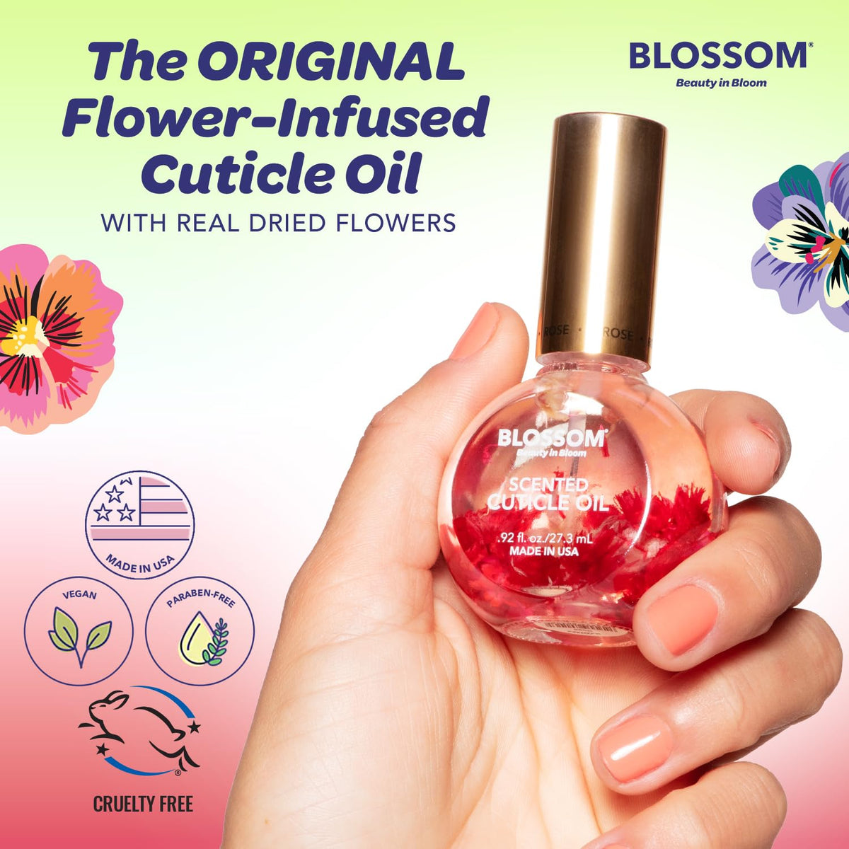 Huile pour cuticules Blossom cerise sur un fond floral