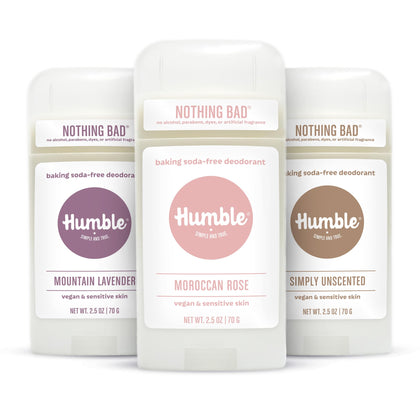 HUMBLE Déodorant 3 pièces sans bicarbonate - Lavande, Rose & Sans parfum, packaging avant