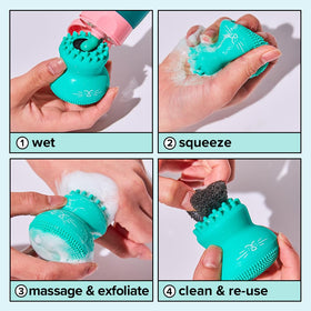 I DEW CARE Pawfect Face Scrubber en silicone dans une main, prêt à l'utilisation