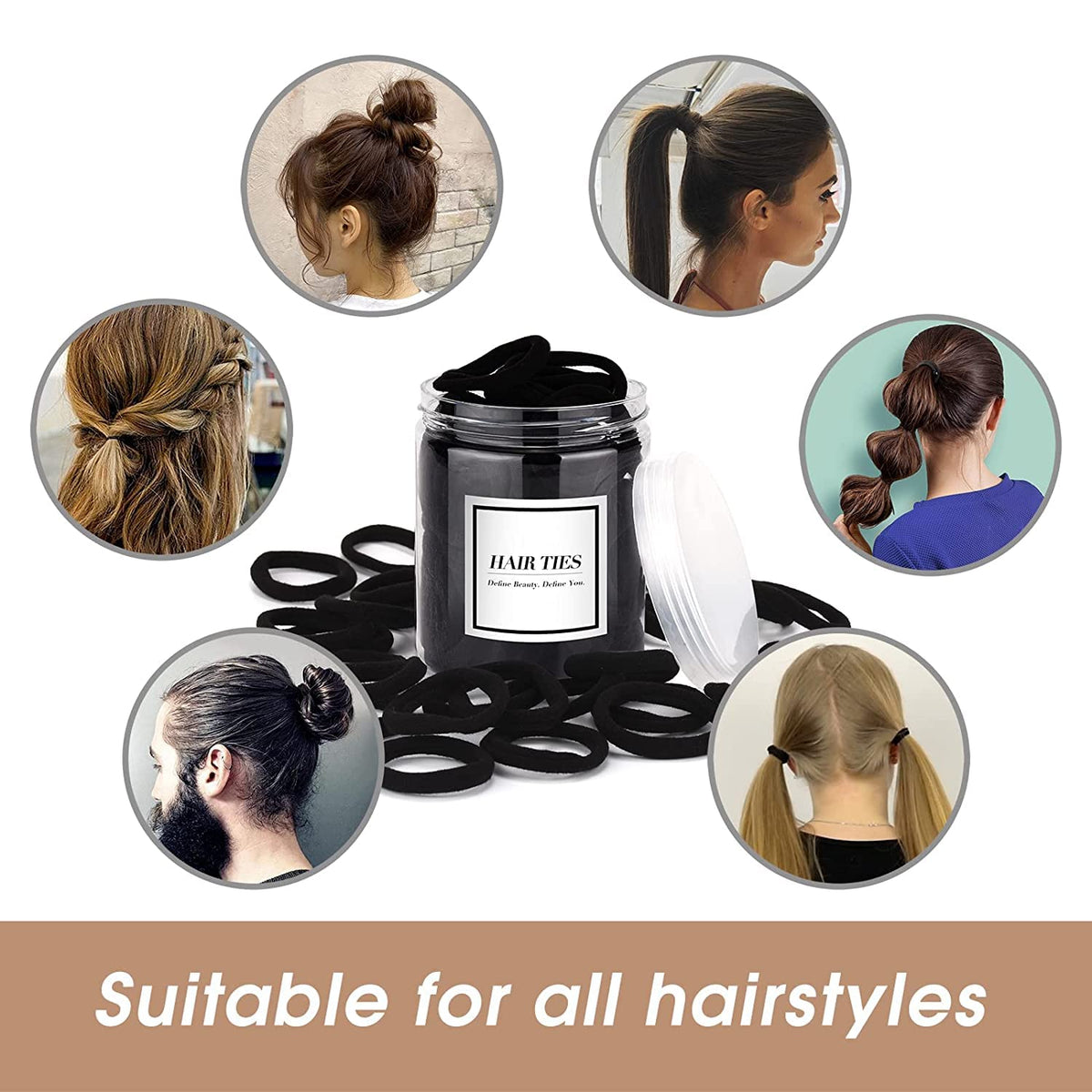 iFwevs élastiques à cheveux noirs en utilisation sur une queue de cheval