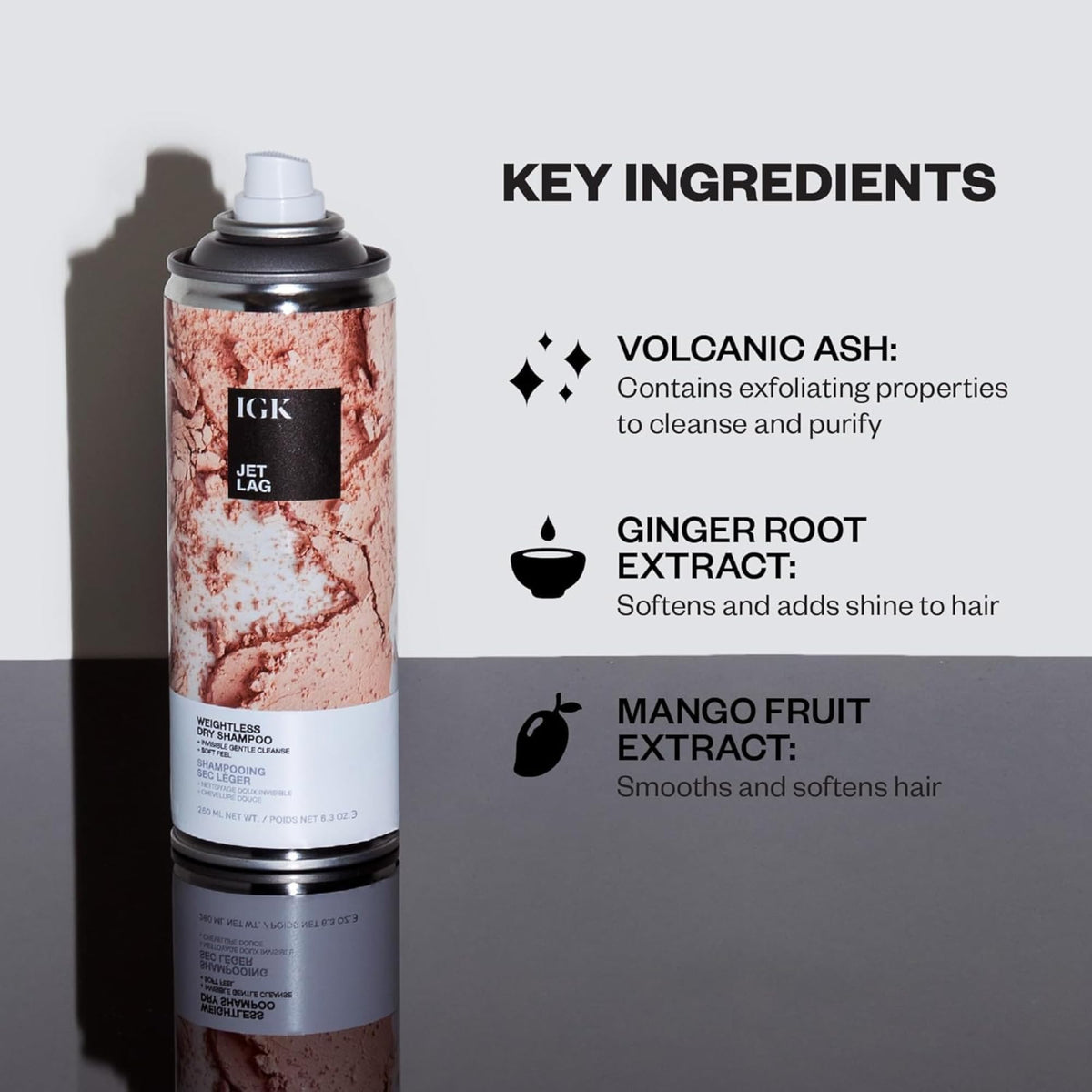 IGK Jet Lag Shampoo Sec 100g avec cendre volcanique en arrière-plan