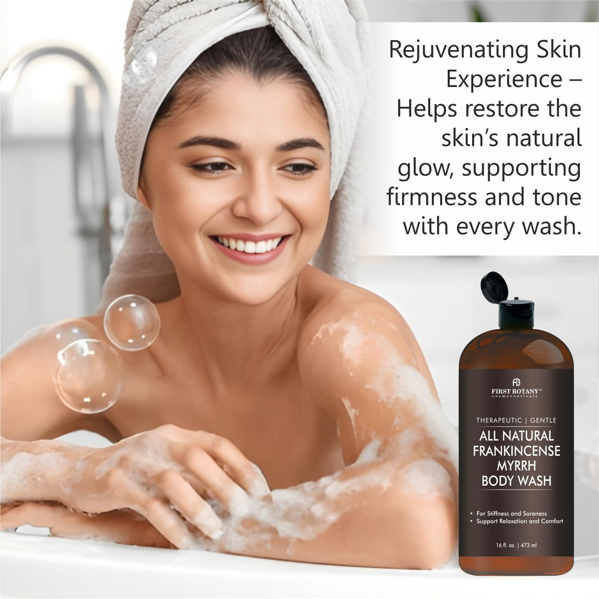 Ingrédients botaniques du gel douche First Botany sur une table en bois
