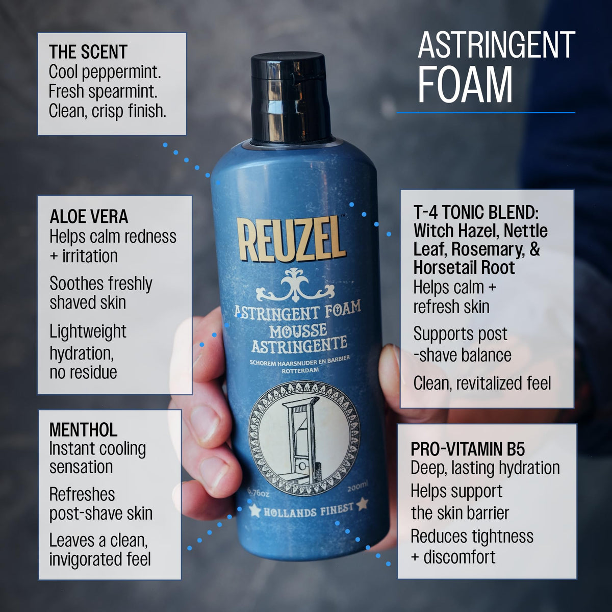 Ingrédients de la mousse astringente REUZEL sur fond blanc