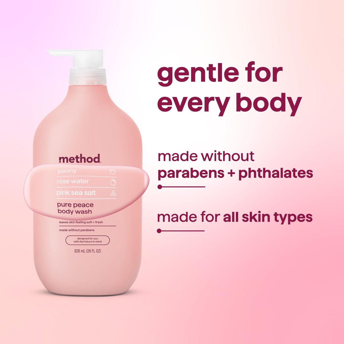 Ingrédients du gel douche Method Pure Peace sur l'étiquette