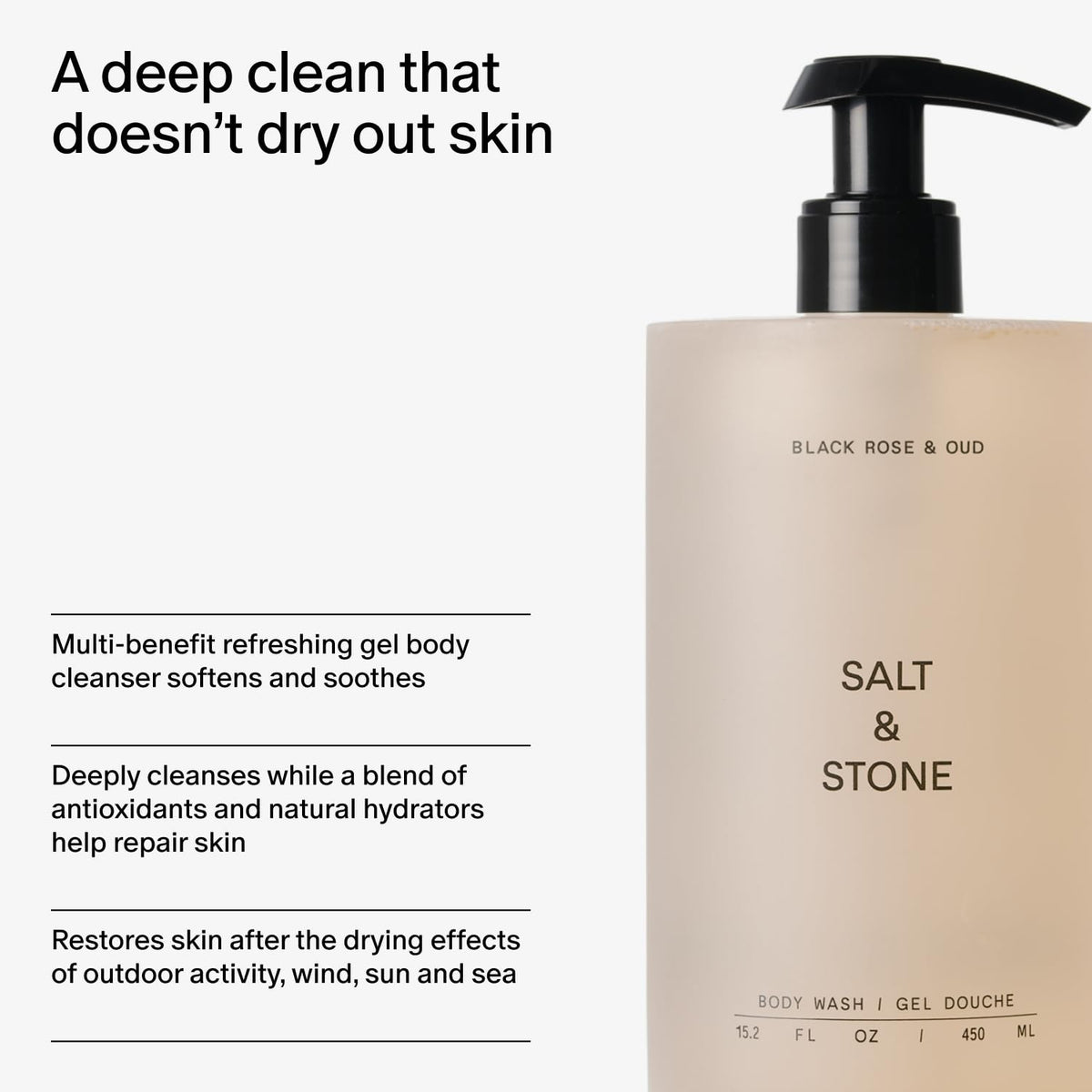 Ingrédients du gel douche Salt & Stone, vue rapprochée