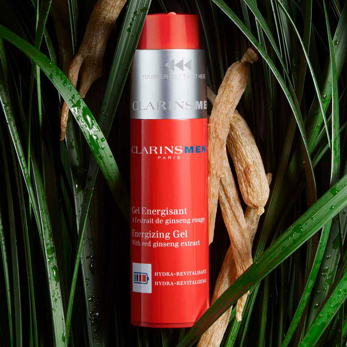 Ingrédients du Gel Énergisant CLARINS sur une table