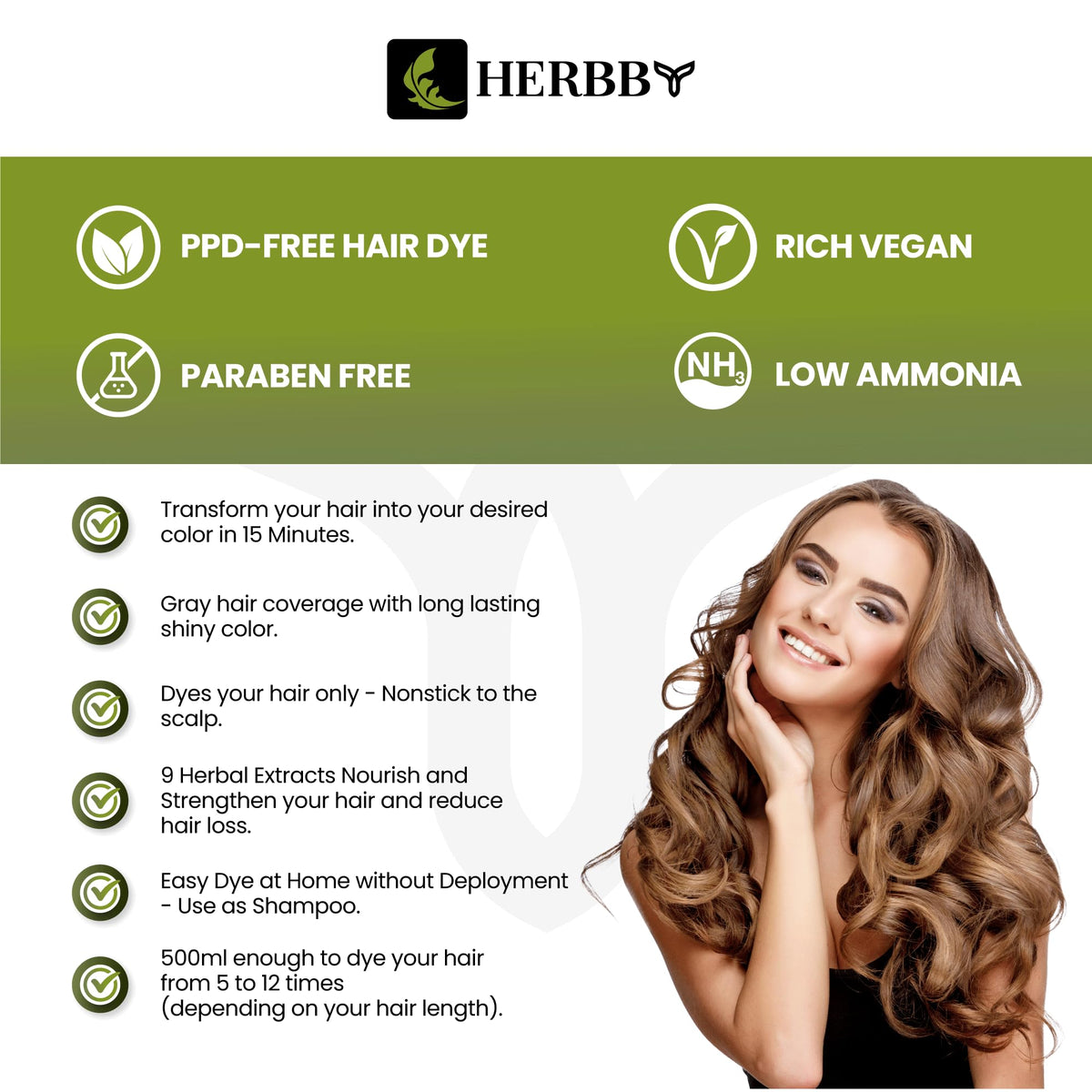 Ingrédients du shampooing colorant HERBBY avec extraits d'herbes
