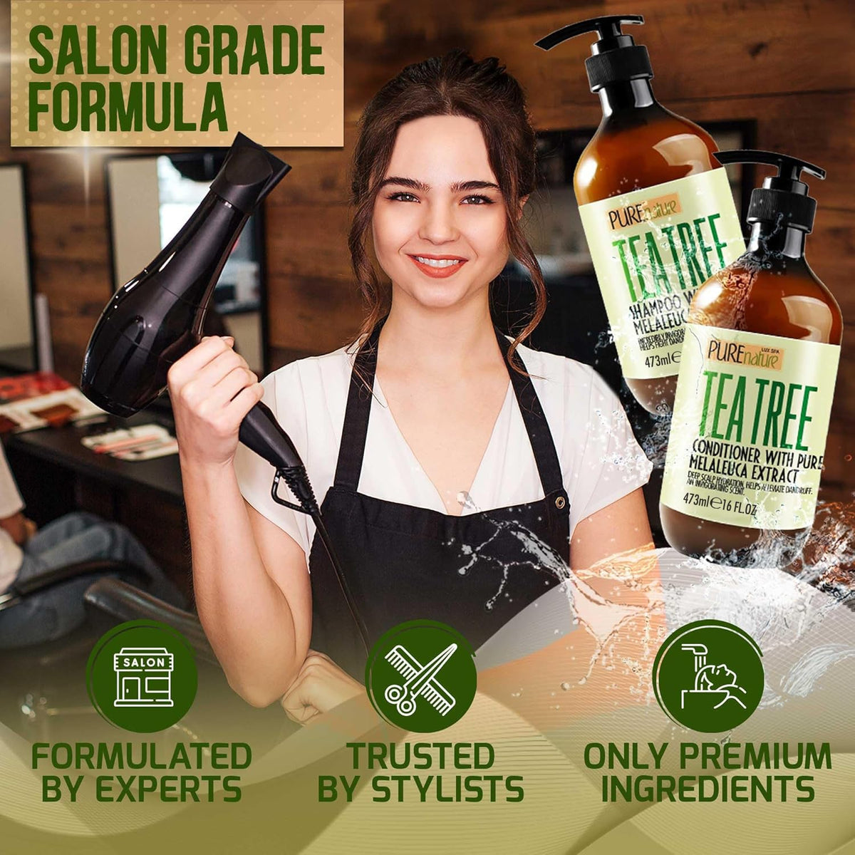 Ingredients du shampooing et après-shampooing Tea Tree sur un fond blanc