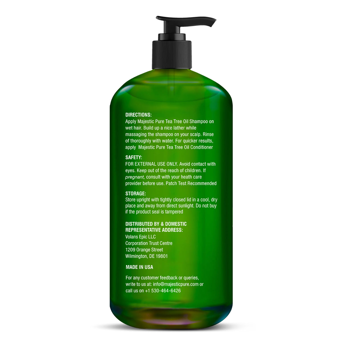 Ingrédients du shampooing Majestic Pure à l'huile d'arbre à thé sur l'étiquette