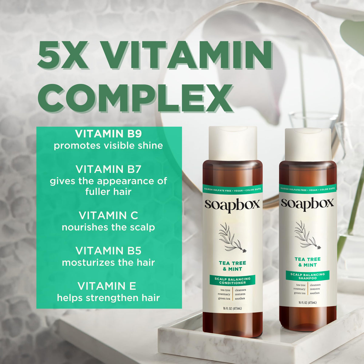 Ingrédients du shampooing Tea Tree de Soapbox, incluant menthe et thé vert