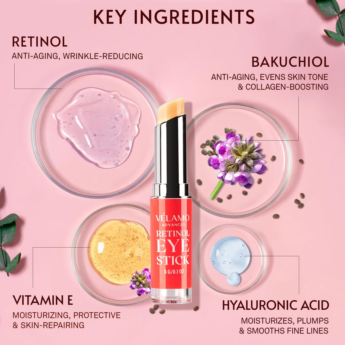 Ingrédients du stick contour des yeux VELAMO ADVANCED au rétinol