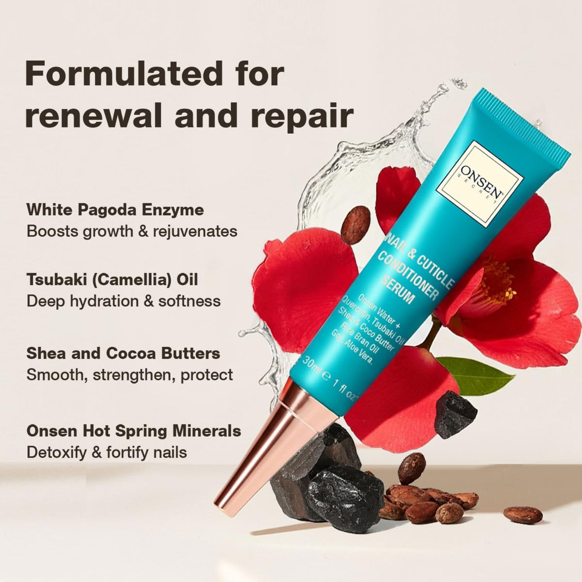 Ingrédients naturels de la crème ONSEN pour ongles.