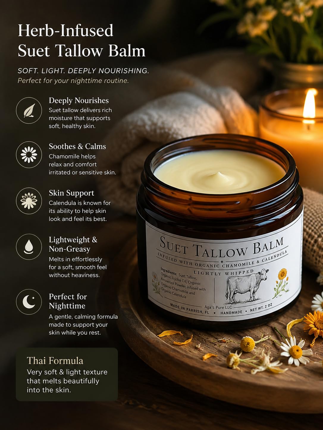Ingrédients naturels du baume à tallow sur une surface en bois