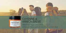 Ingrédients naturels du baume Cayenne Arnica sur fond blanc