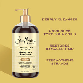 Ingrédients naturels du Shampooing Fortifiant Shea Moisture sur un comptoir