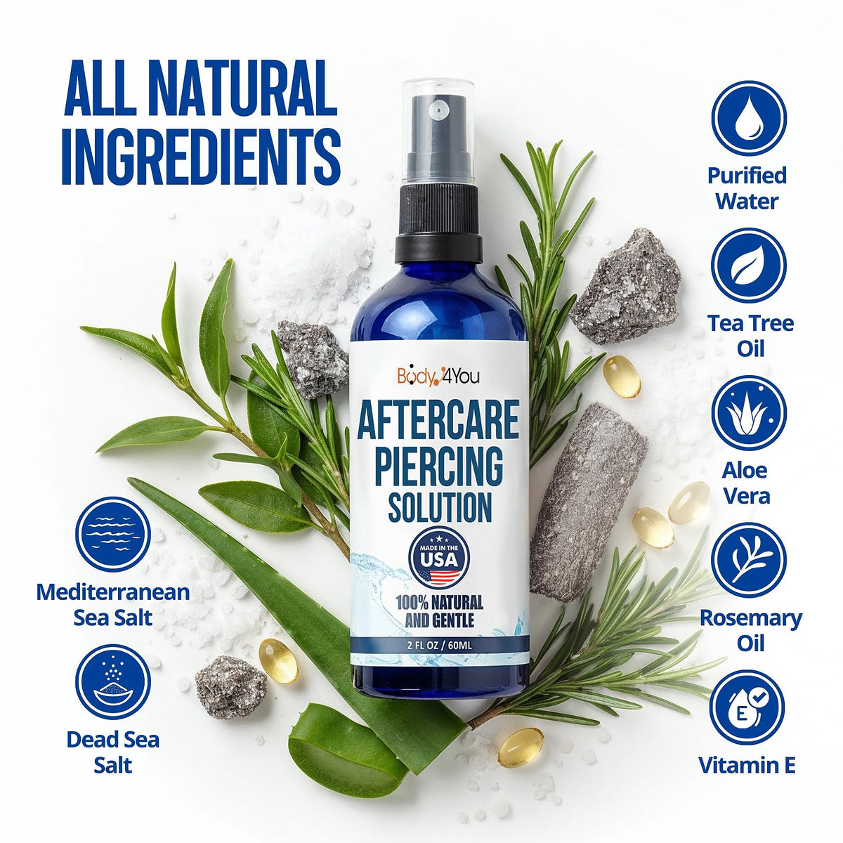 Ingrédients naturels du spray BodyJ4You: sel de mer, aloe vera