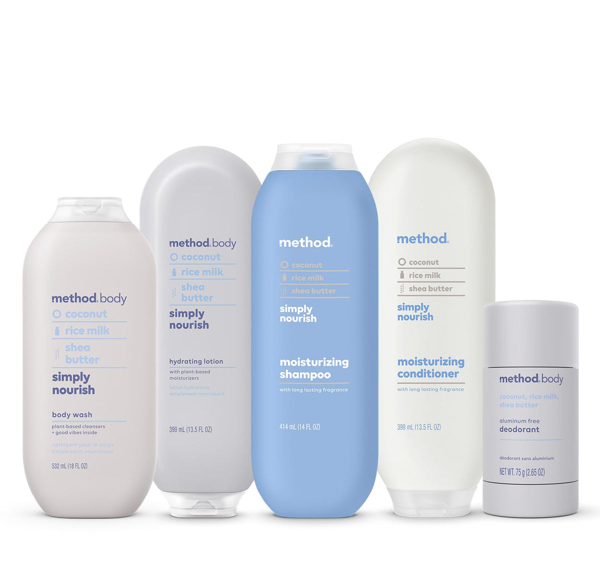 Ingrédients naturels sur une table avec la lotion Method Simply Nourish