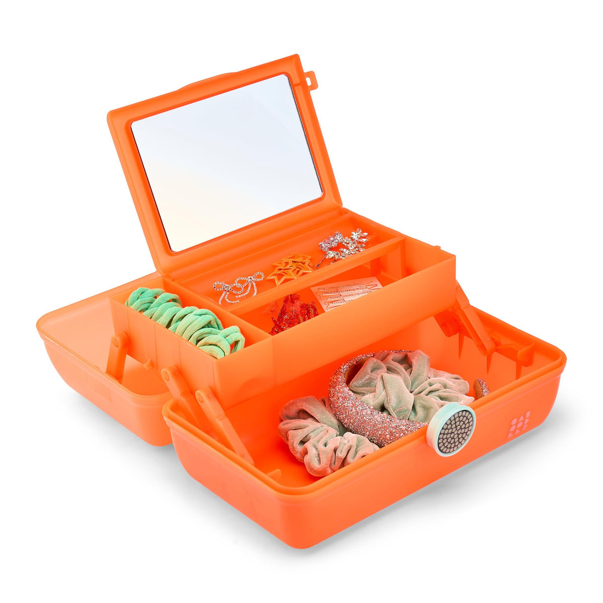 Intérieur de la boîte à maquillage Caboodles avec compartiments de rangement