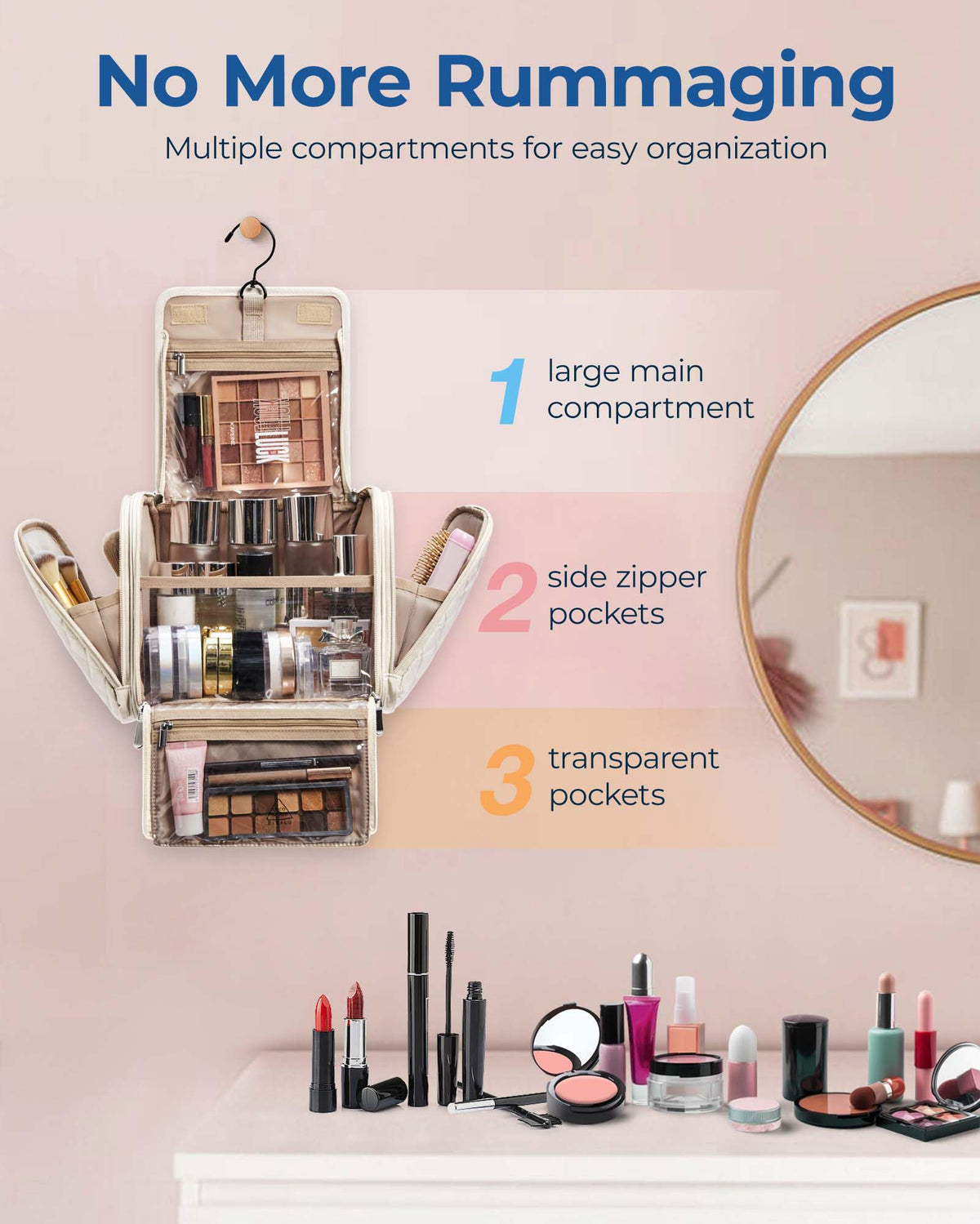 Intérieur de la trousse BAGSMART montrant les poches transparentes