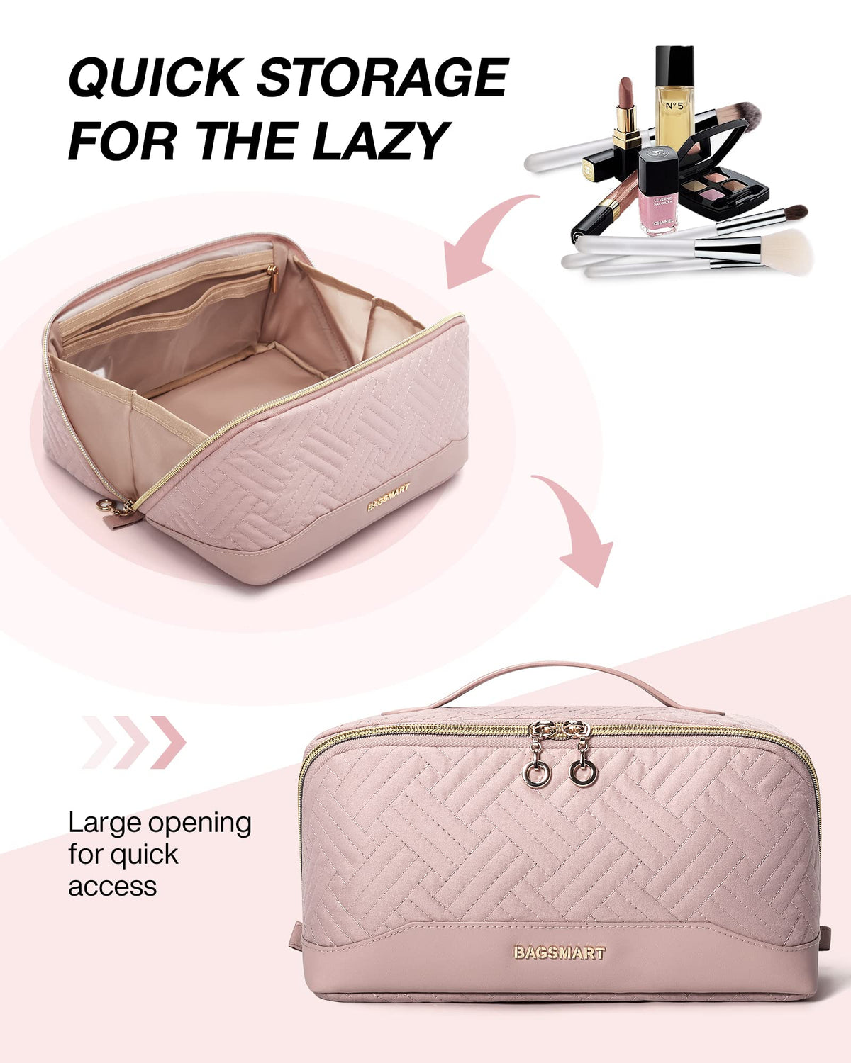 Intérieur de la trousse de maquillage BAGSMART avec plusieurs poches