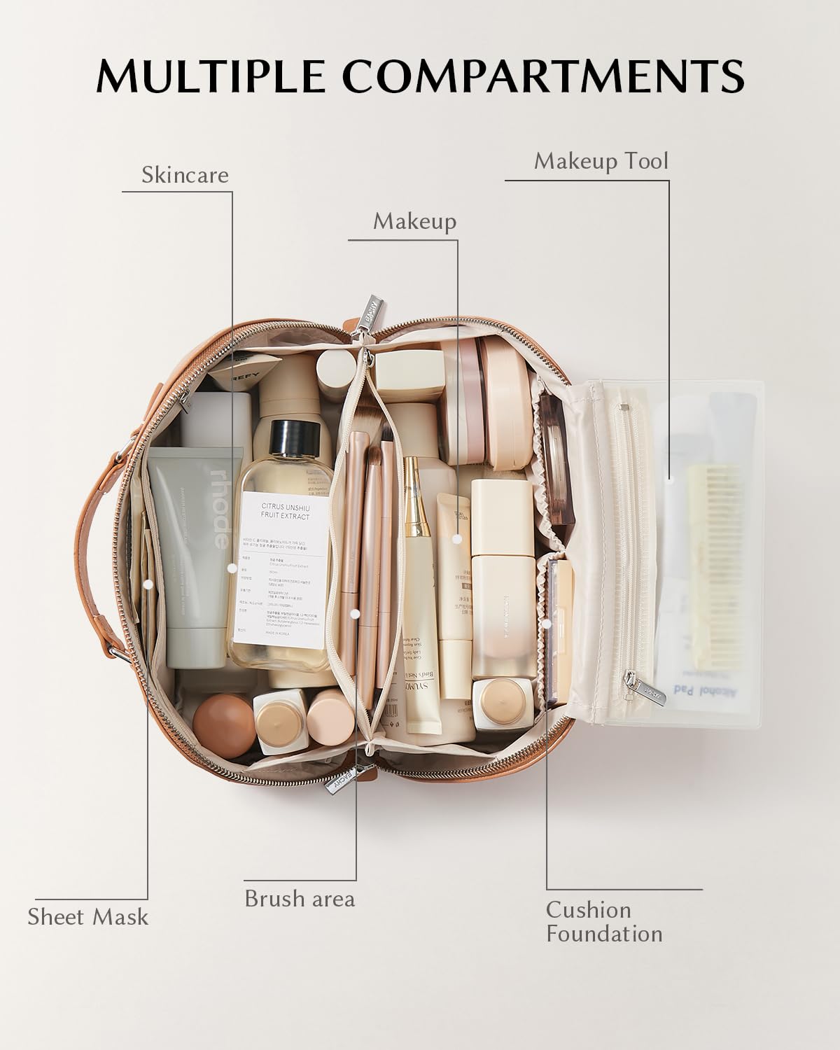 Intérieur de la trousse de maquillage EACHY avec compartiment transparent pour pinceaux