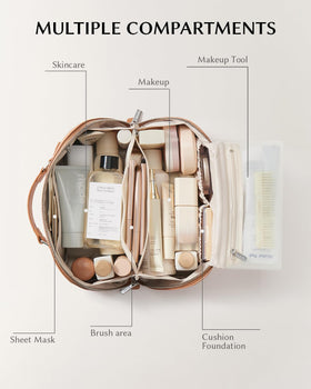 Intérieur de la trousse de maquillage EACHY avec compartiment transparent pour pinceaux