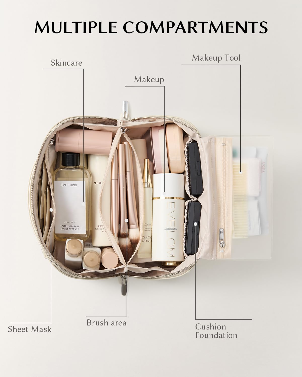 Intérieur de la trousse de maquillage EACHY avec compartiments