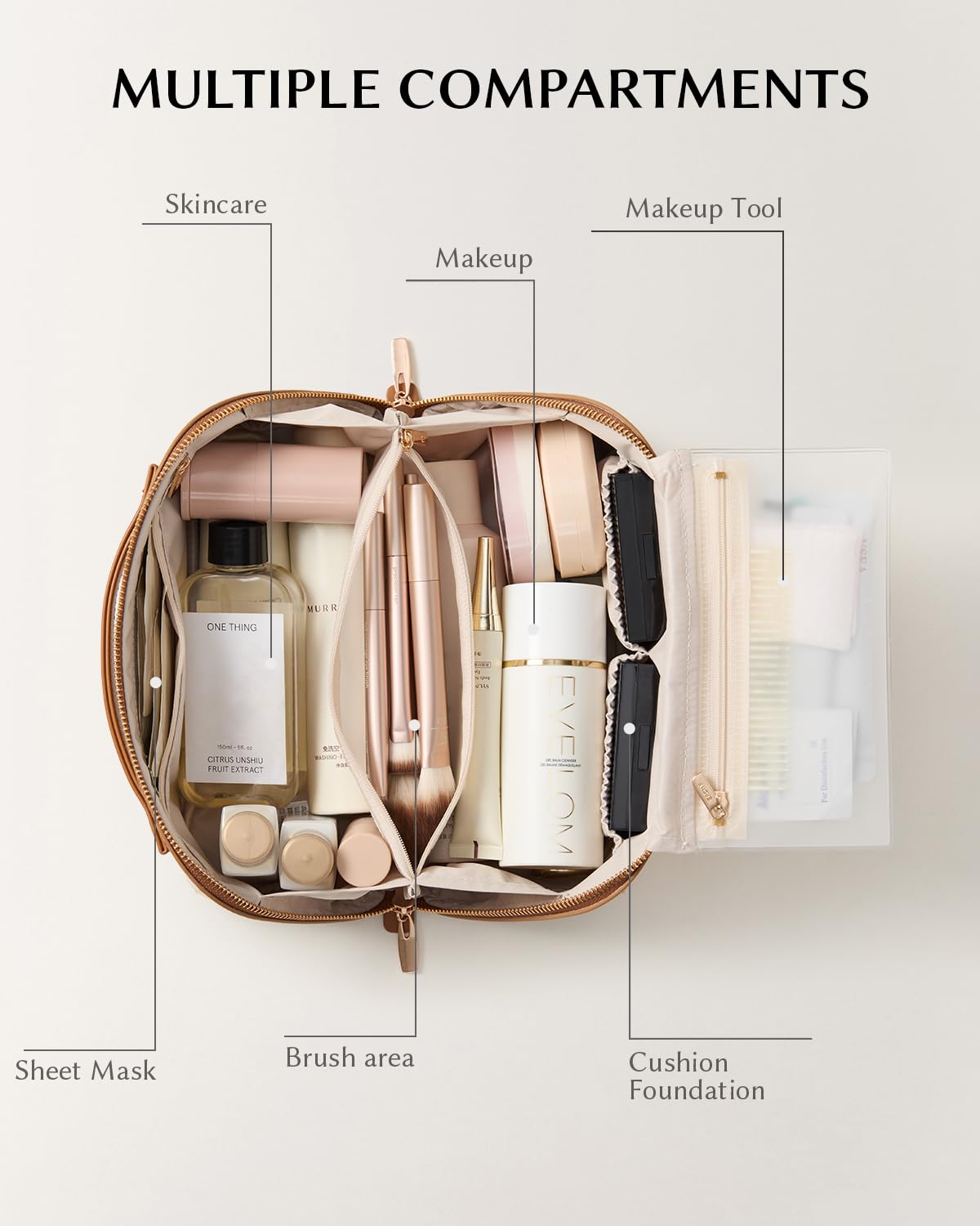 Intérieur de la trousse de maquillage EACHY avec compartiments pour pinceaux