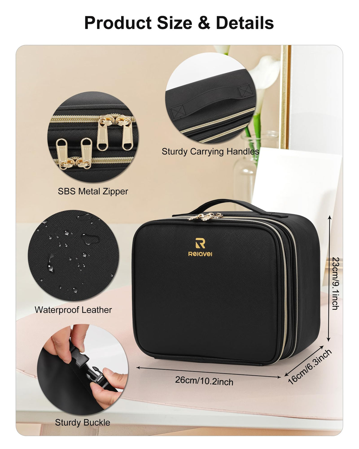 Intérieur de la trousse de maquillage Relavel avec compartiments