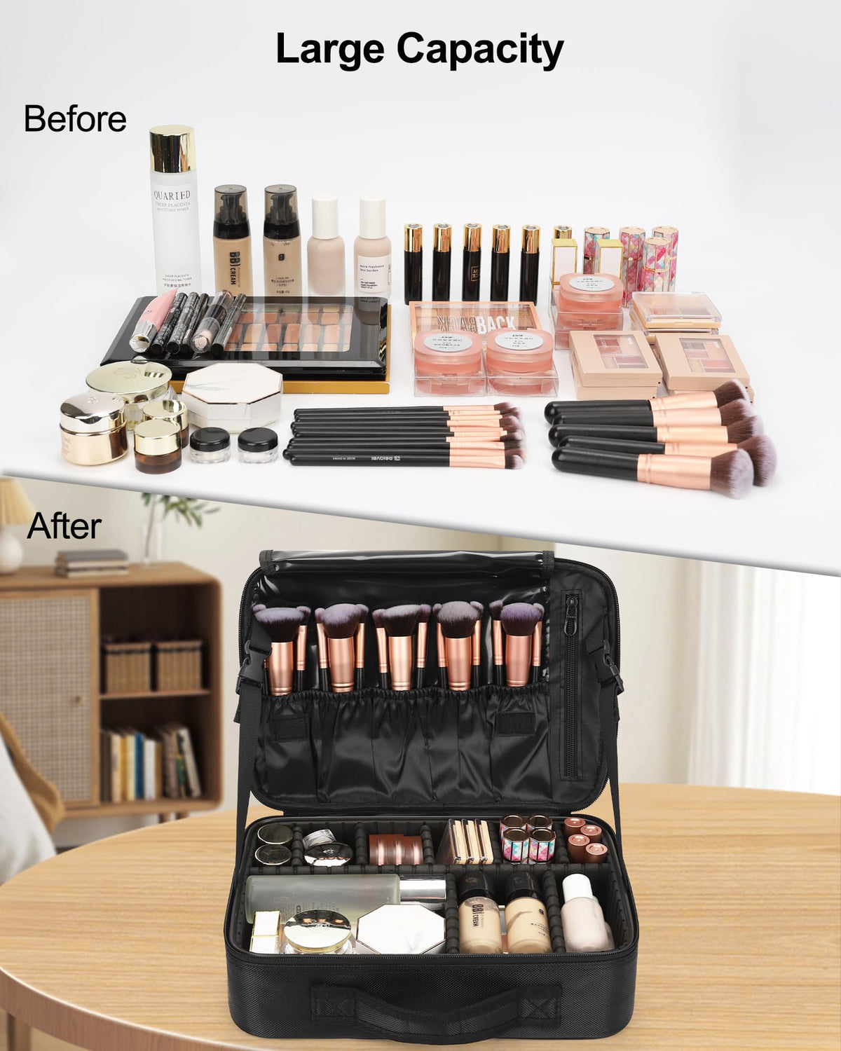Intérieur de la trousse de maquillage Relavel avec pinceaux et cosmétiques