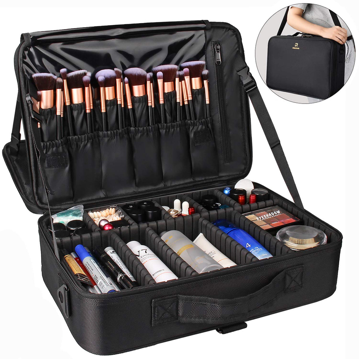 Intérieur de la trousse de maquillage Relavel montrant les compartiments ajustables