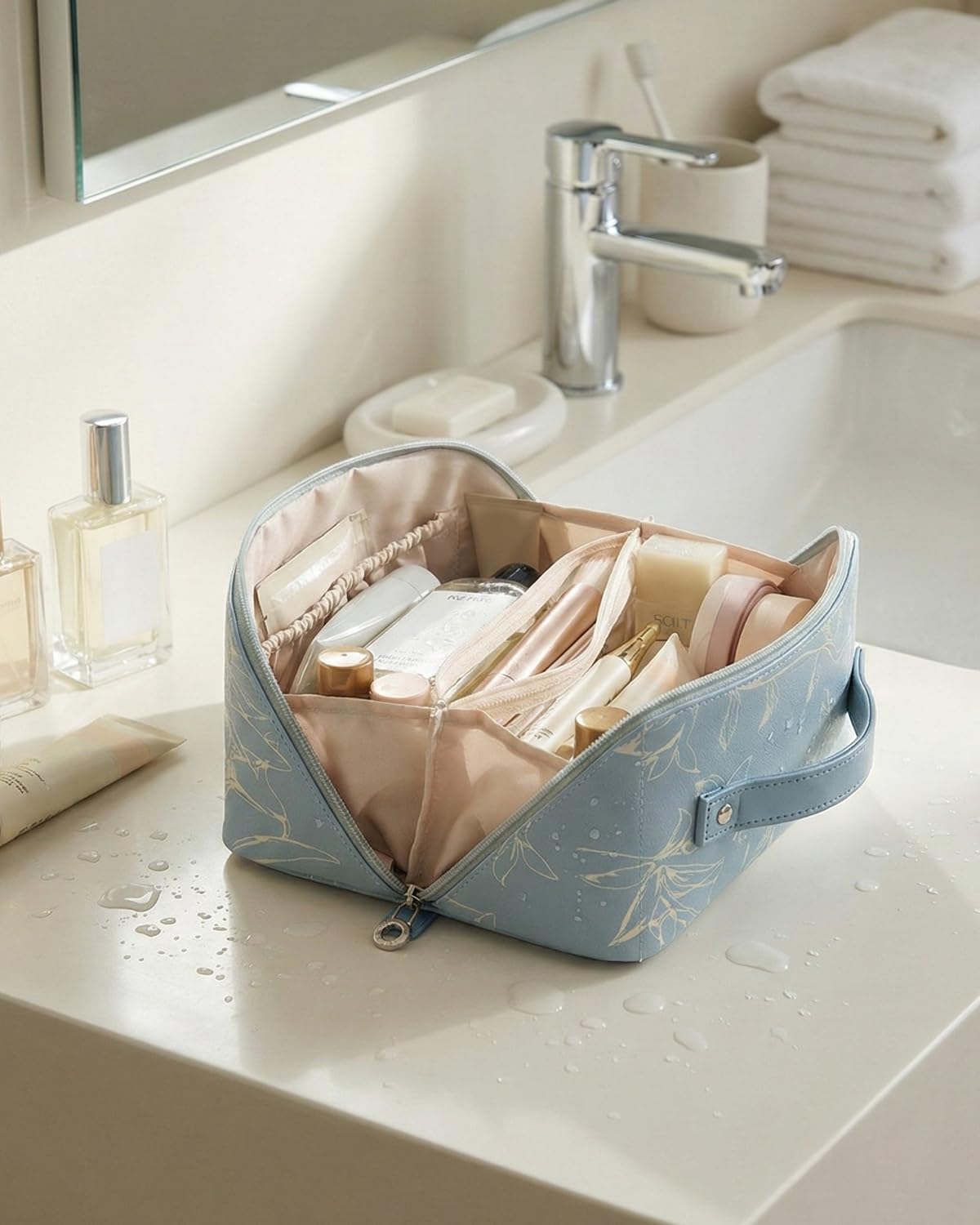 Intérieur de la trousse EACHY avec compartiments pour cosmétiques