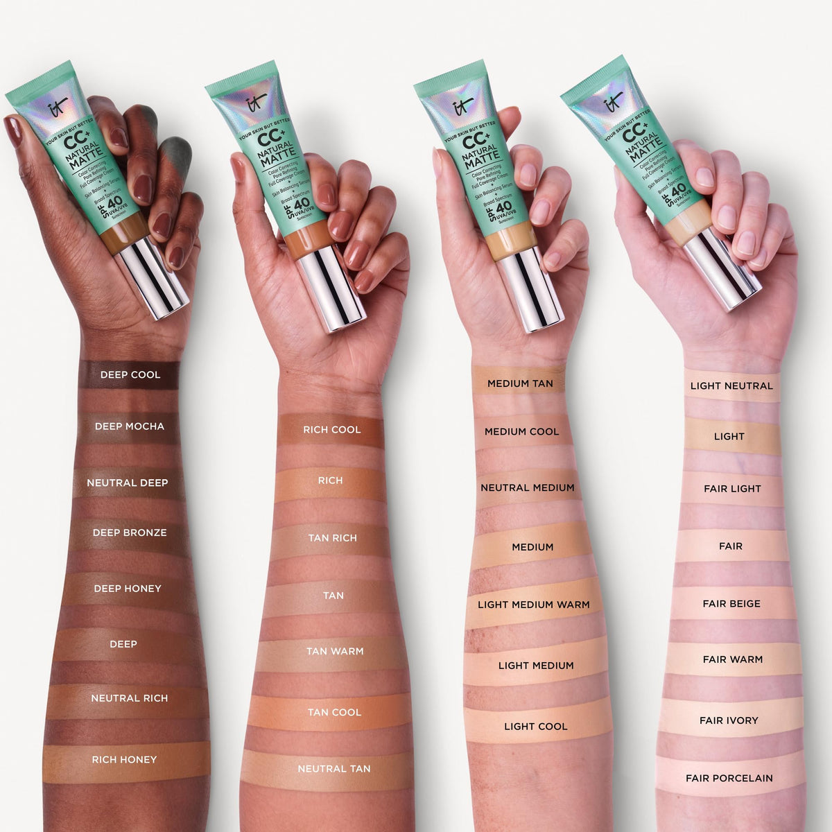 IT Cosmetics CC+ Cream Natural Matte Fond de Teint Mat SPF 40 - Clair (W) avec accessoires de maquillage
