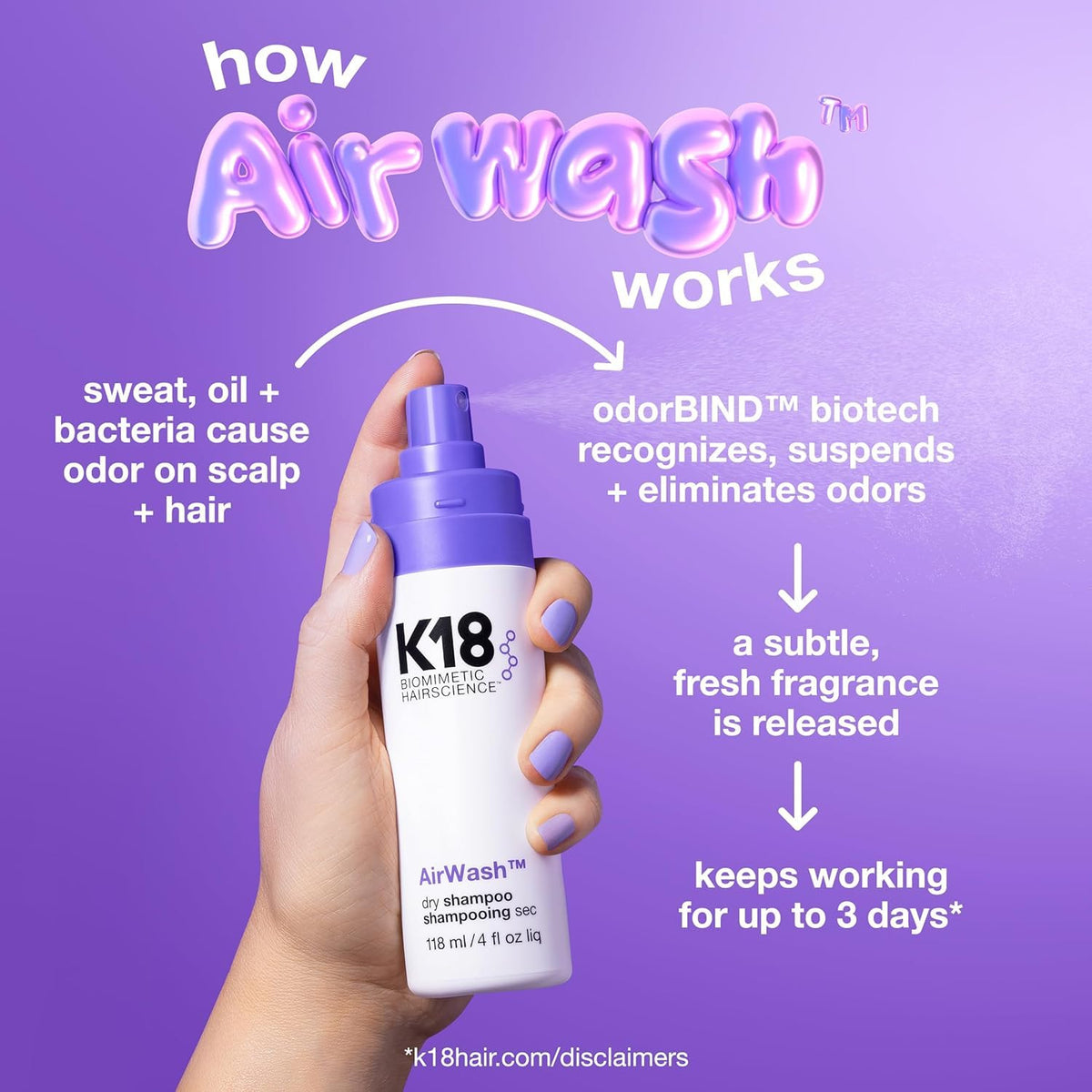 K18 AirWash Shampoo Sec 118ml avec microalgues méditerranéennes en arrière-plan