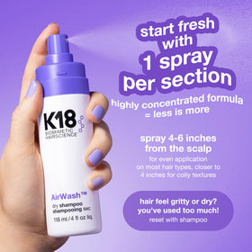 K18 AirWash Shampoo Sec 118ml, texture et application sur cheveux