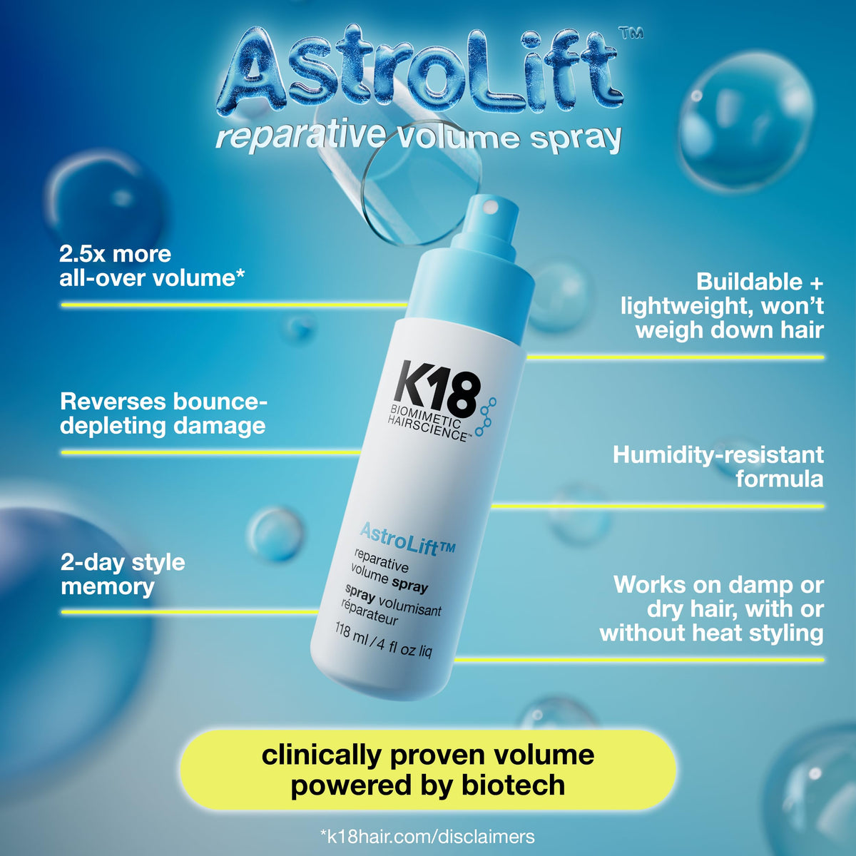 K18 AstroLift Spray Réparateur Volume application sur cheveux