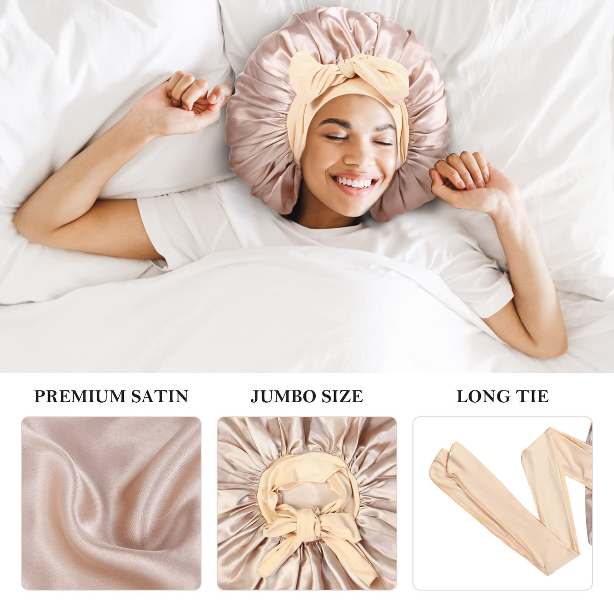 Kafteri bonnet en satin sur un mannequin, porté sur cheveux bouclés