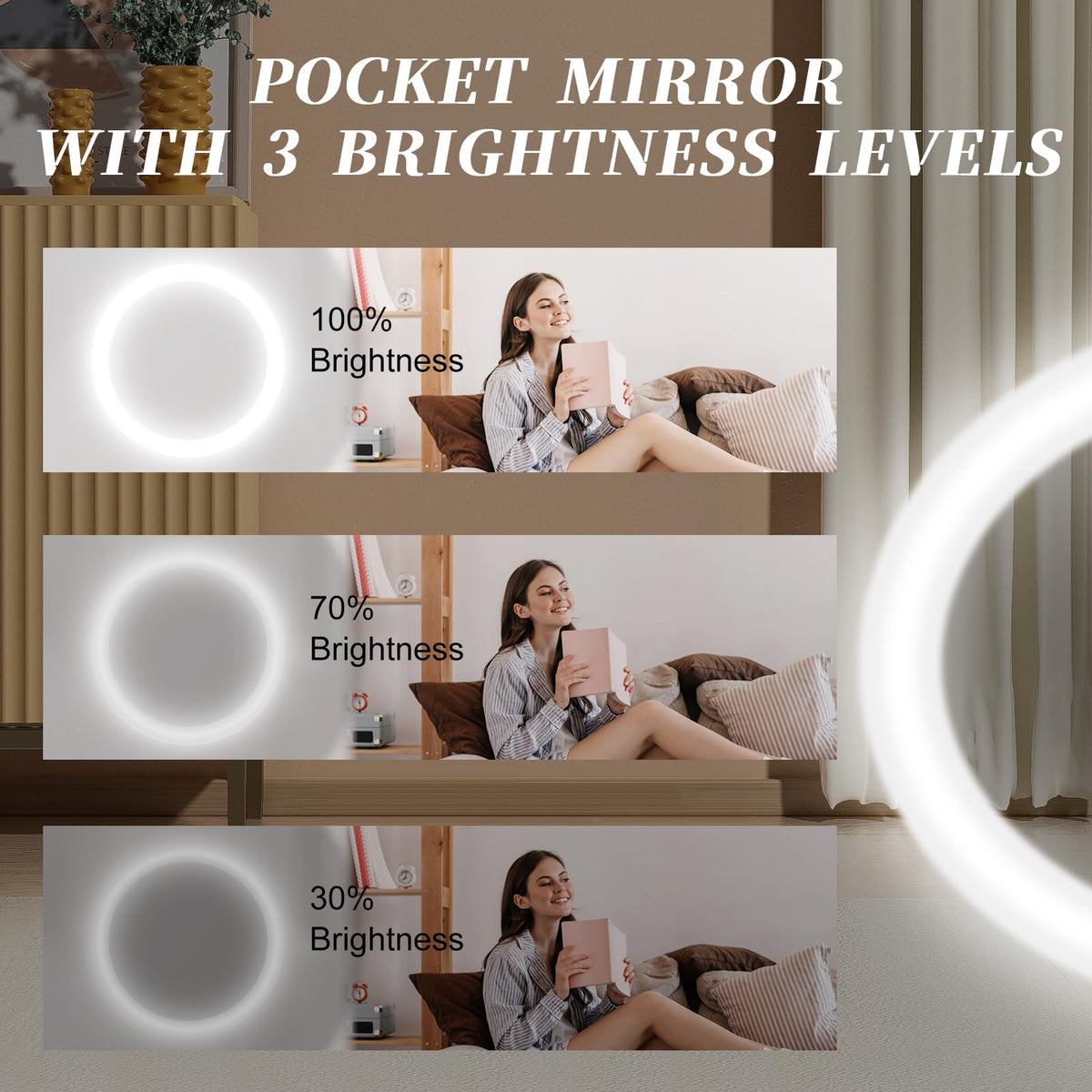 Kakuje miroir compact en situation de maquillage dans un environnement lumineux