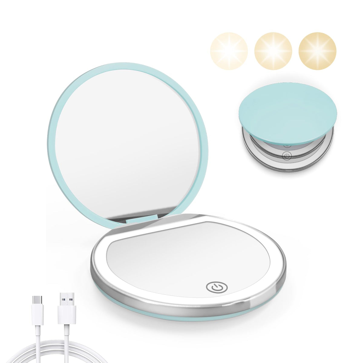 Kakuje miroir compact vert menthe avec lumière LED en vue de face