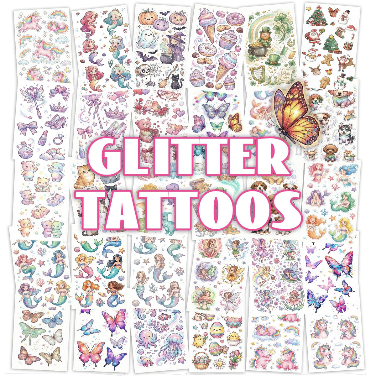 Keikihipa tatouages temporaires paillettes, motifs dinosaures et licornes
